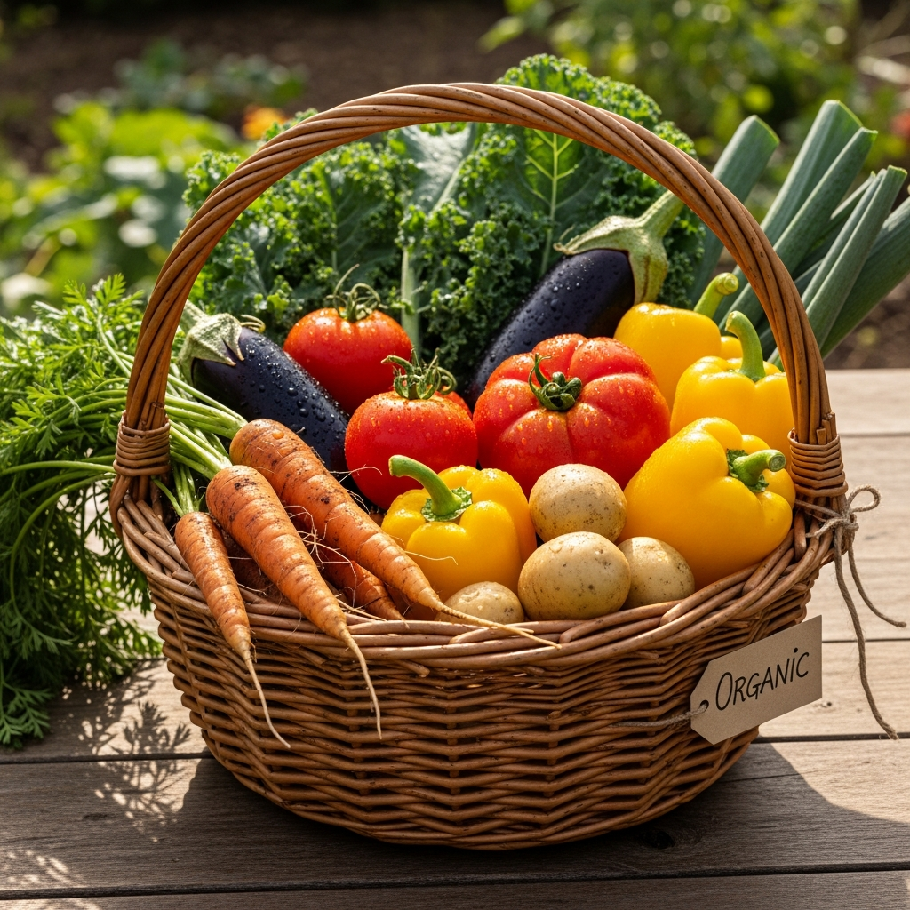 Légumes bio récoltés dans un panier en osier